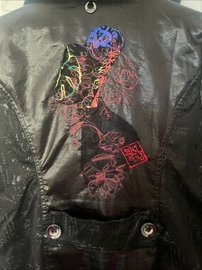 Black Embroidered Faux-Leather Coat with Red Trim